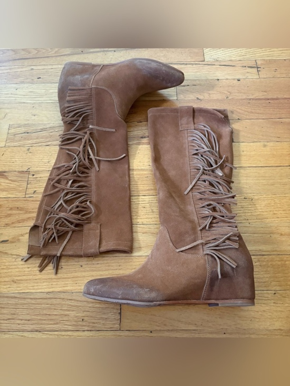 Zigi Brown Suede Fringe Boots Hidden Wedge Pull On Size 7